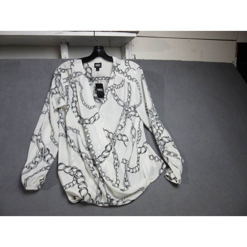 INC International Concepts Top Women Large White Chloe Chain Woven Surplice Neck